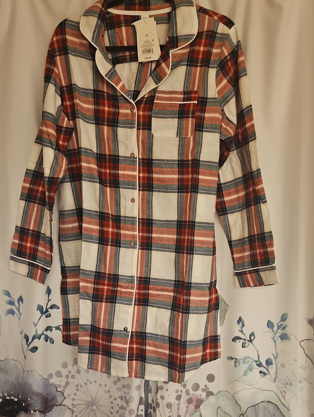 stars above Plaid Button-Front Long Pajama Top — Rust, Blue, White